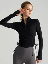 Long Sleeve Standing Collar Fitness T-Shirt With Drawstring