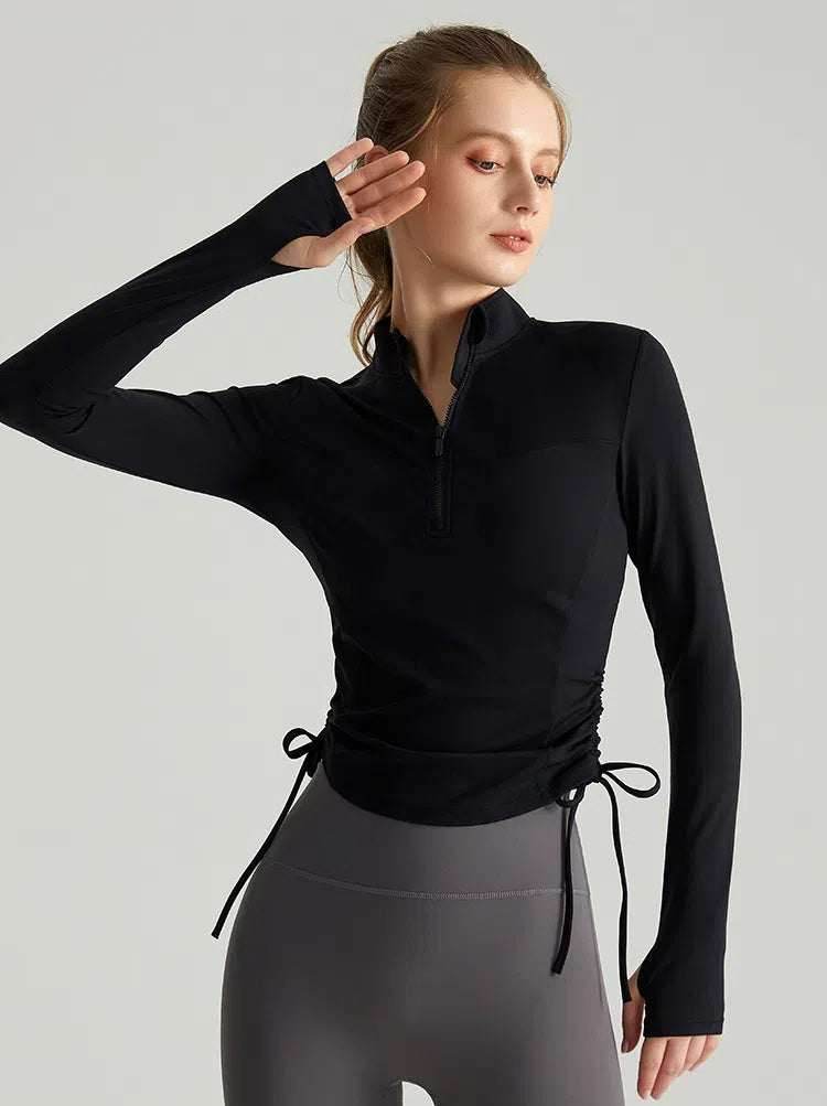 Long Sleeve Standing Collar Fitness T-Shirt With Drawstring