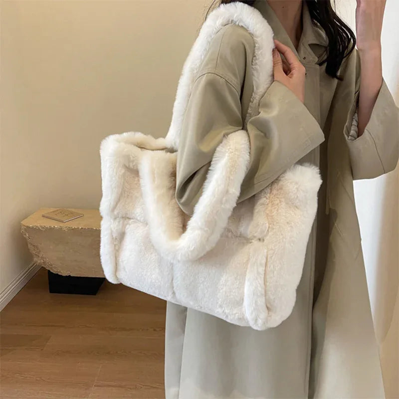 Winter Soft Plush Shoulder Handbag Bag Large Fluffy Tote Bag -