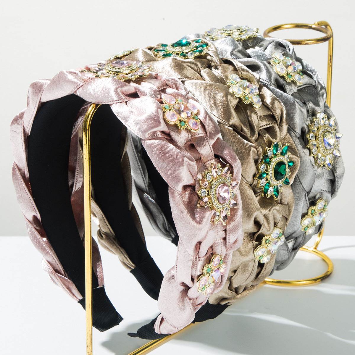 Hand Silks Satins Braided Headband with Flower Rhinestones