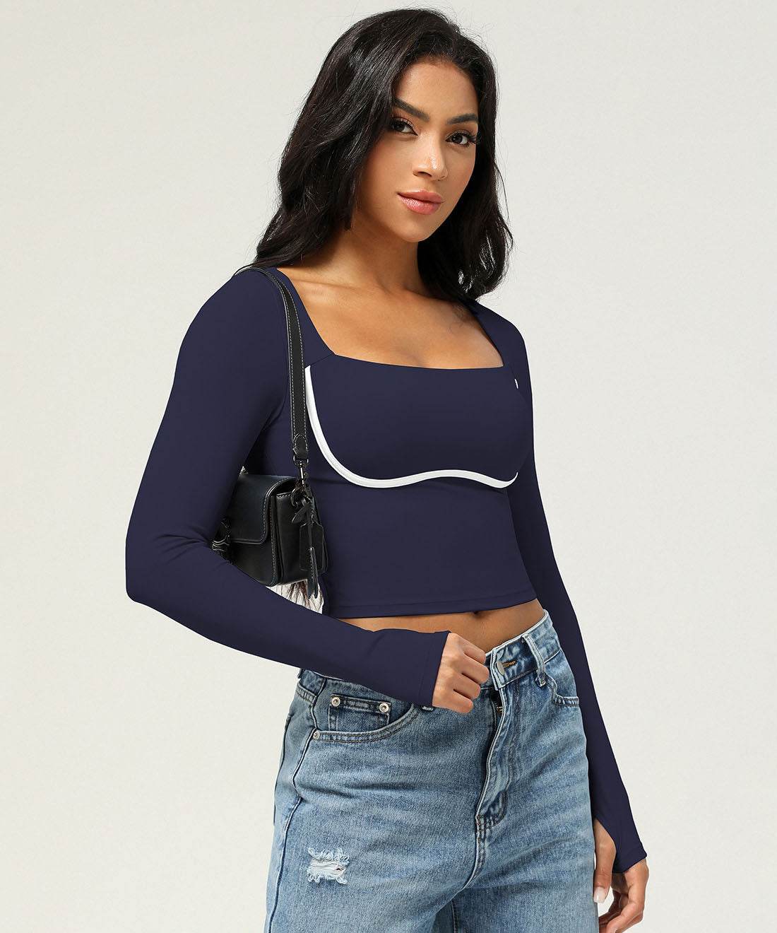 Square Neck Long Sleeve Slim Fitted Crop T-Shirt