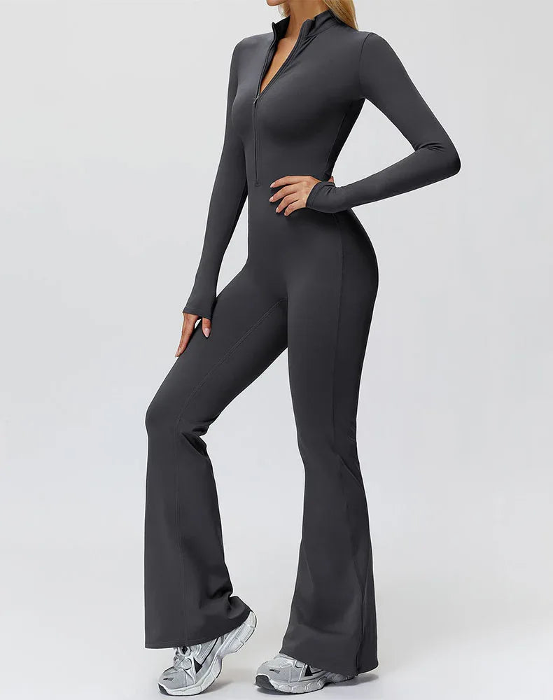 Long Sleeve Flare Workout Jumpsuit Zip Up Wide Leg Bodysuit -