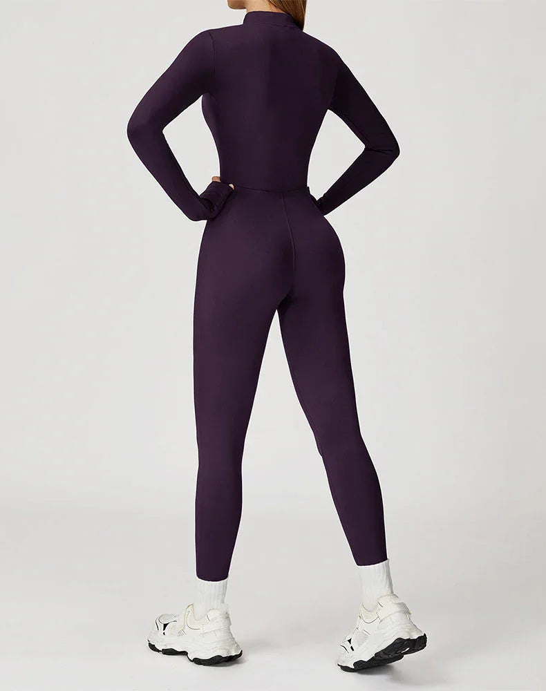 Long Sleeve Workout Jumpsuit Zip Up One Piece Bodysuit -