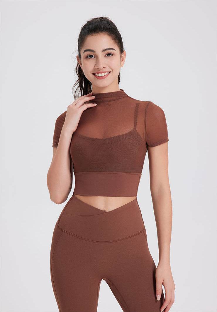 Mesh Fitness Crop T-Shirts with Built-in Chest Pad - Chestnut