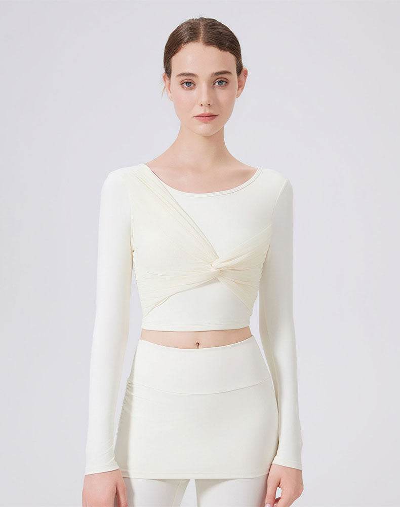 Mesh Twist Front Long Sleeve T-Shirts Round Neck Crop Tops - White