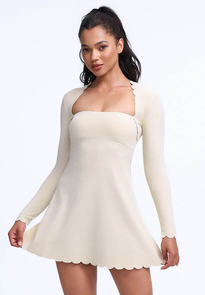 Scalloped Wavy Edge Long Sleeve Tennis Dress - Light Ivory