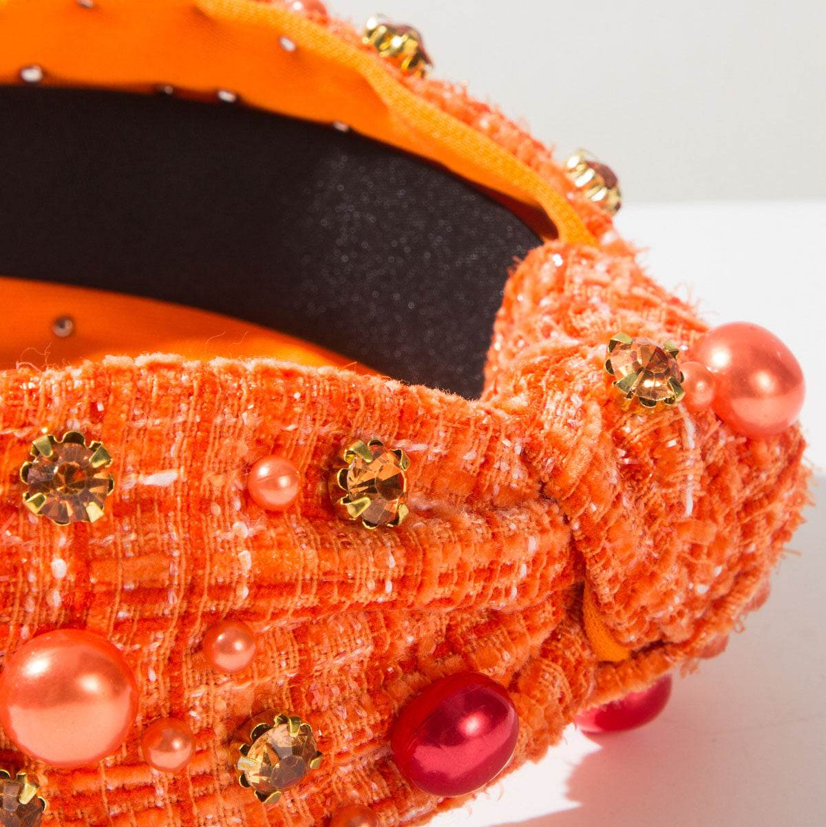 Classic Tweed Fabric Knotted Headband with Pearl and Rhinestone