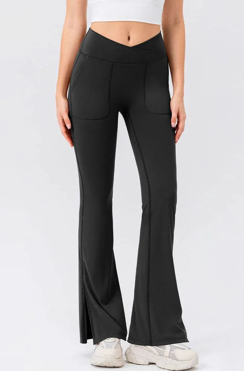 High Waisted Bootcut Flare Yoga Pants with Pockets - Black