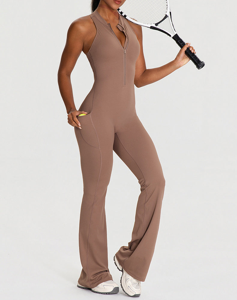 Zipper Racerback Yoga Bodysuit Flare Jumpsuit with Pockets