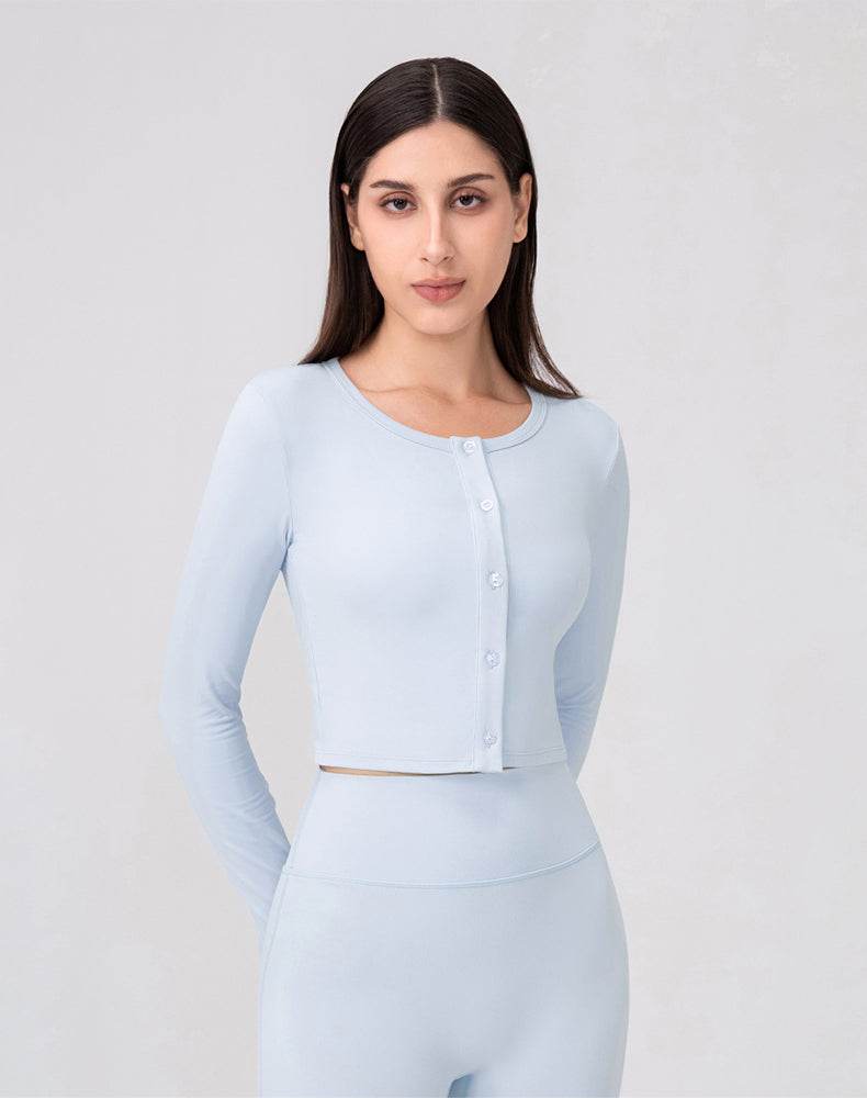 Long Sleeve Button Up Cropped Cardigan Crew Neck Tops