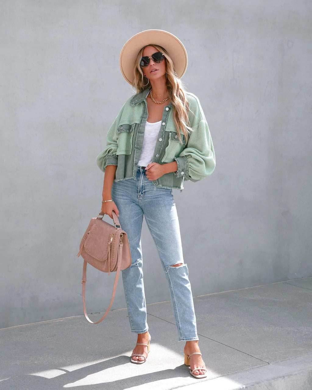 Denim Spliced Waffle Knit Cropped Jacket