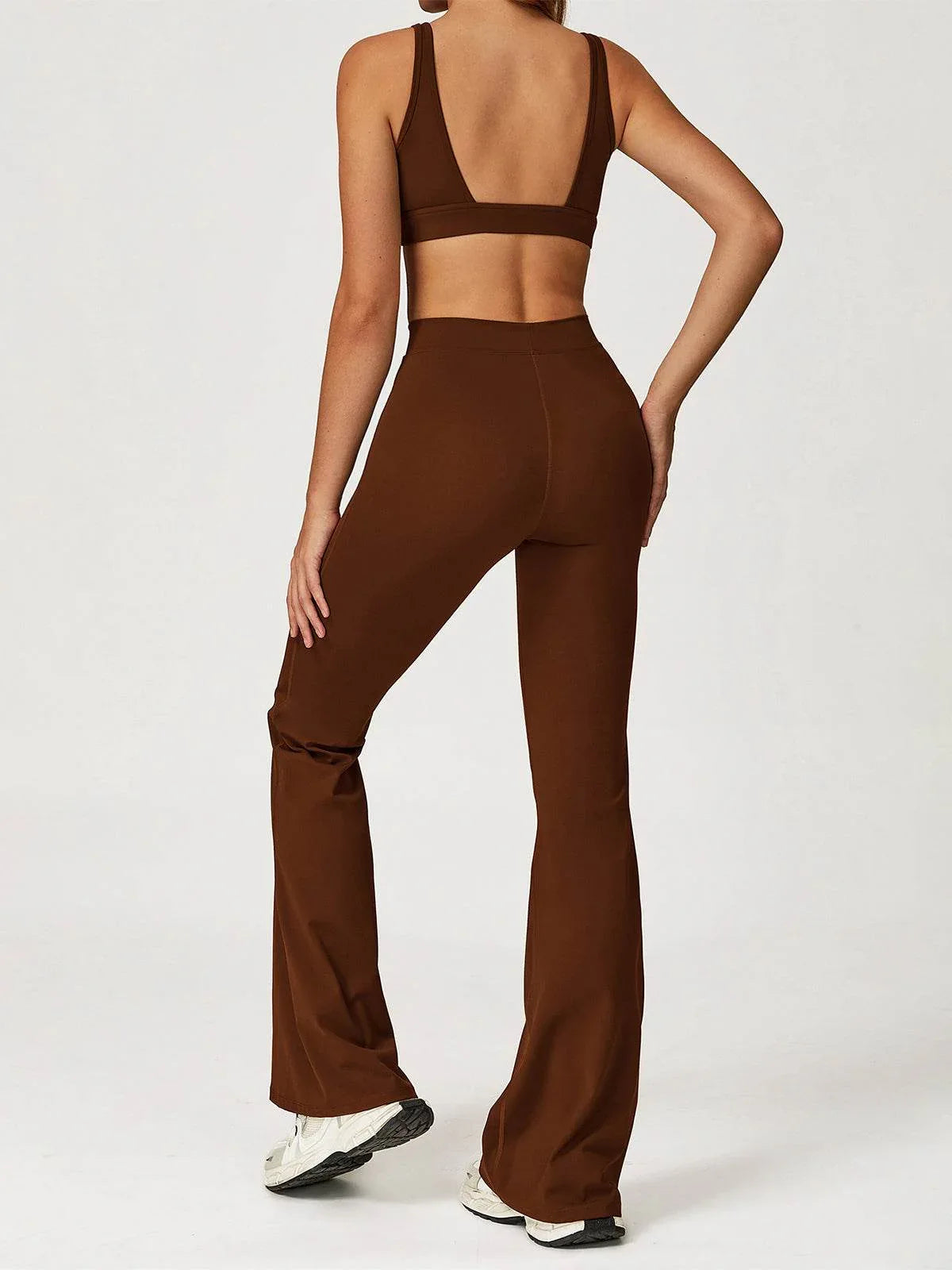 Activewear Set with Deep V-Neck Sports Bra and Flared Pant -
