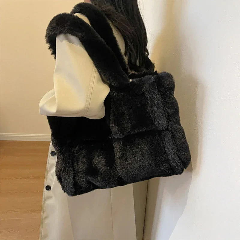 Winter Soft Plush Shoulder Handbag Bag Large Fluffy Tote Bag -