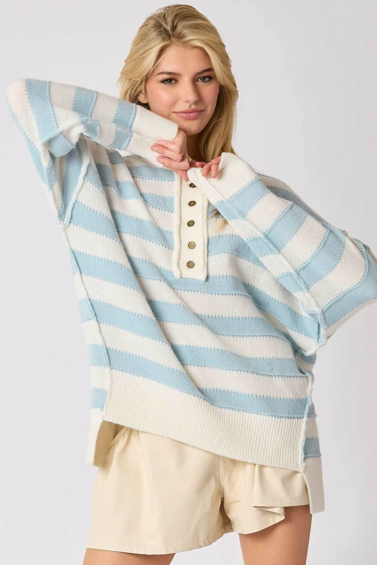 Long Sleeve Button Striped Pullover Sweater