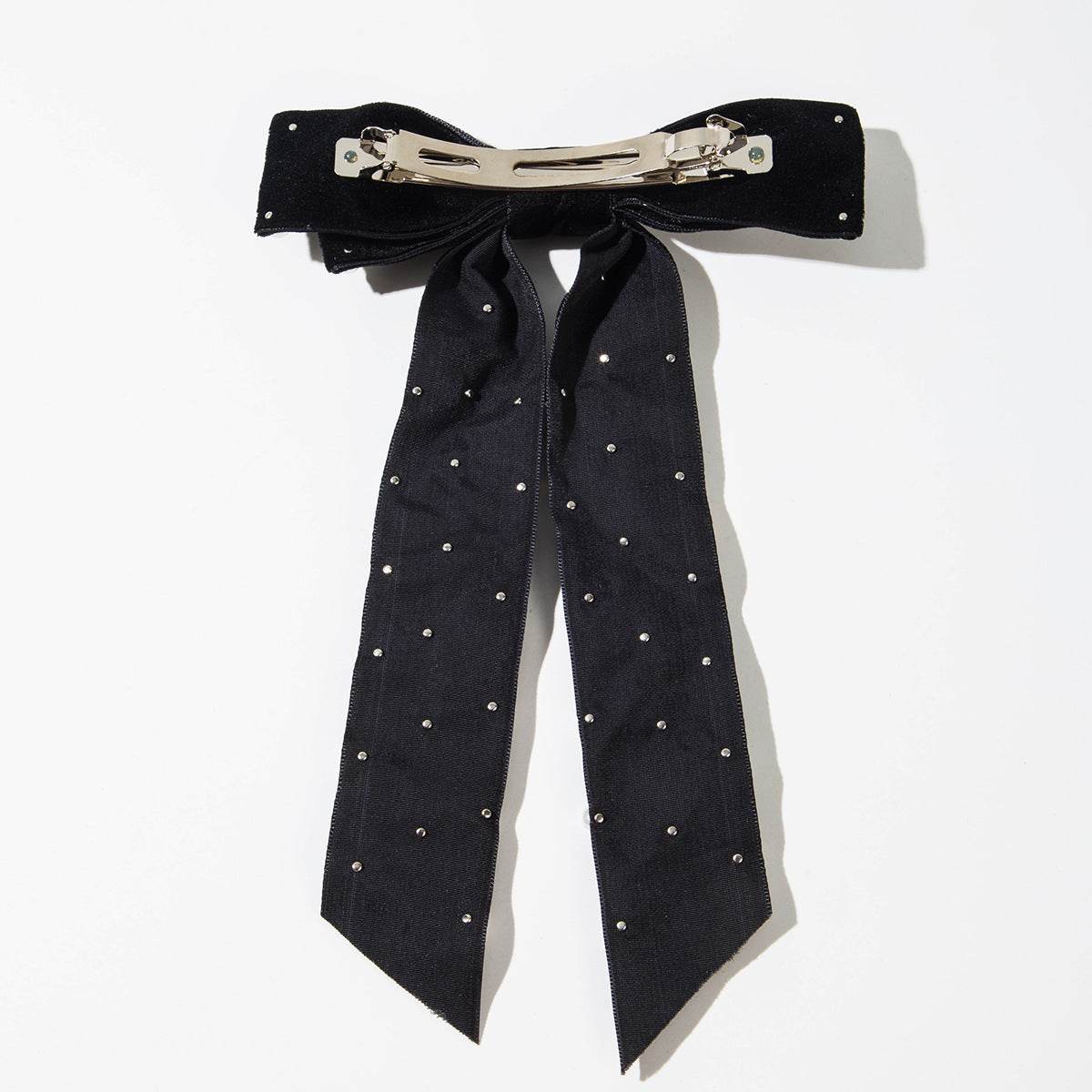 Velvet Bow Hair Clip with Heart Shaped Diamond and Pearls