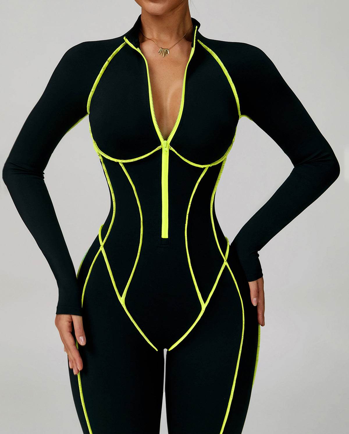 Three Dimensional Line Sports Backless Long Sleeve Jumpsuit