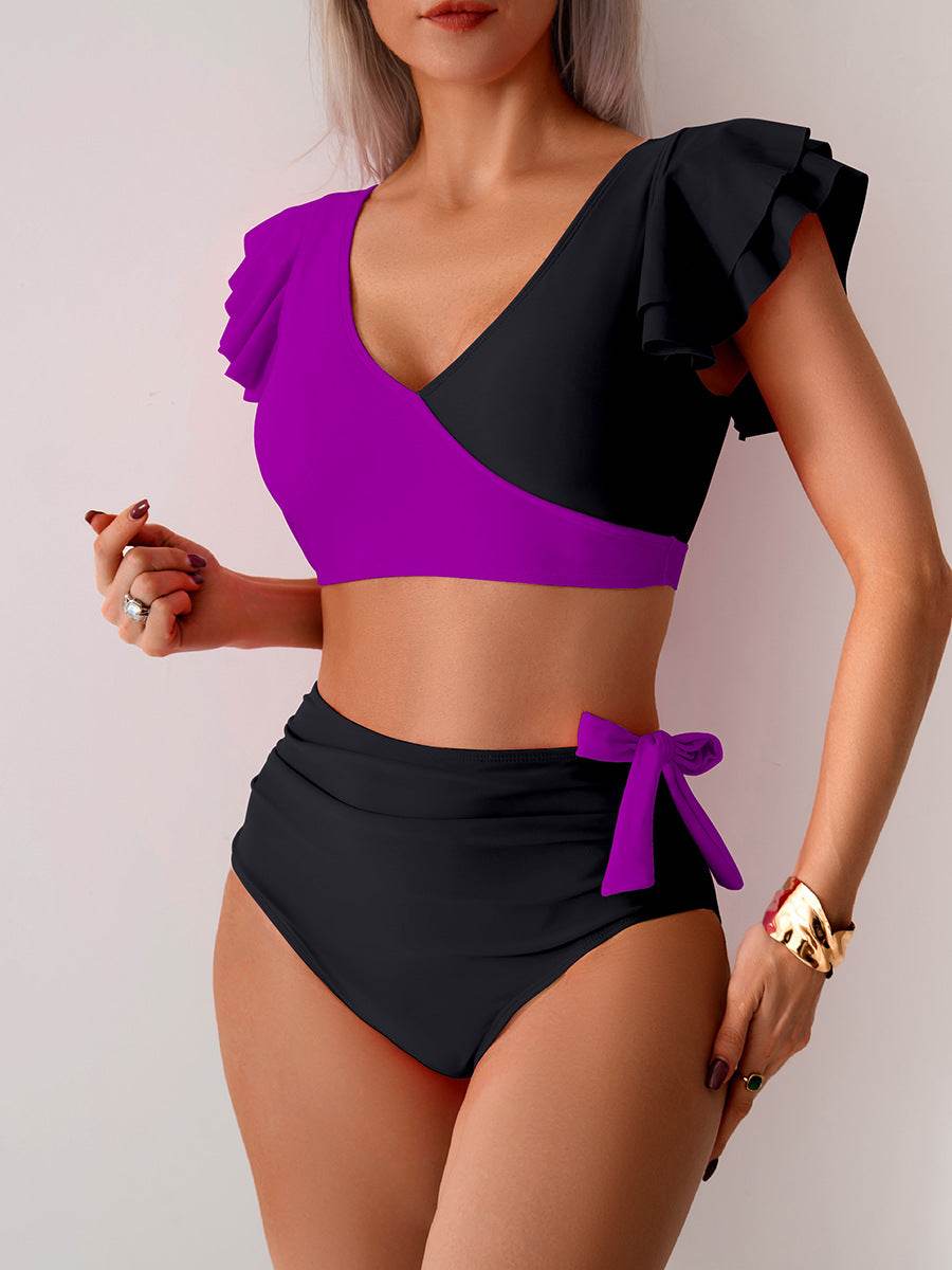 Ruffled Sleeves Color Block Bikini Sets