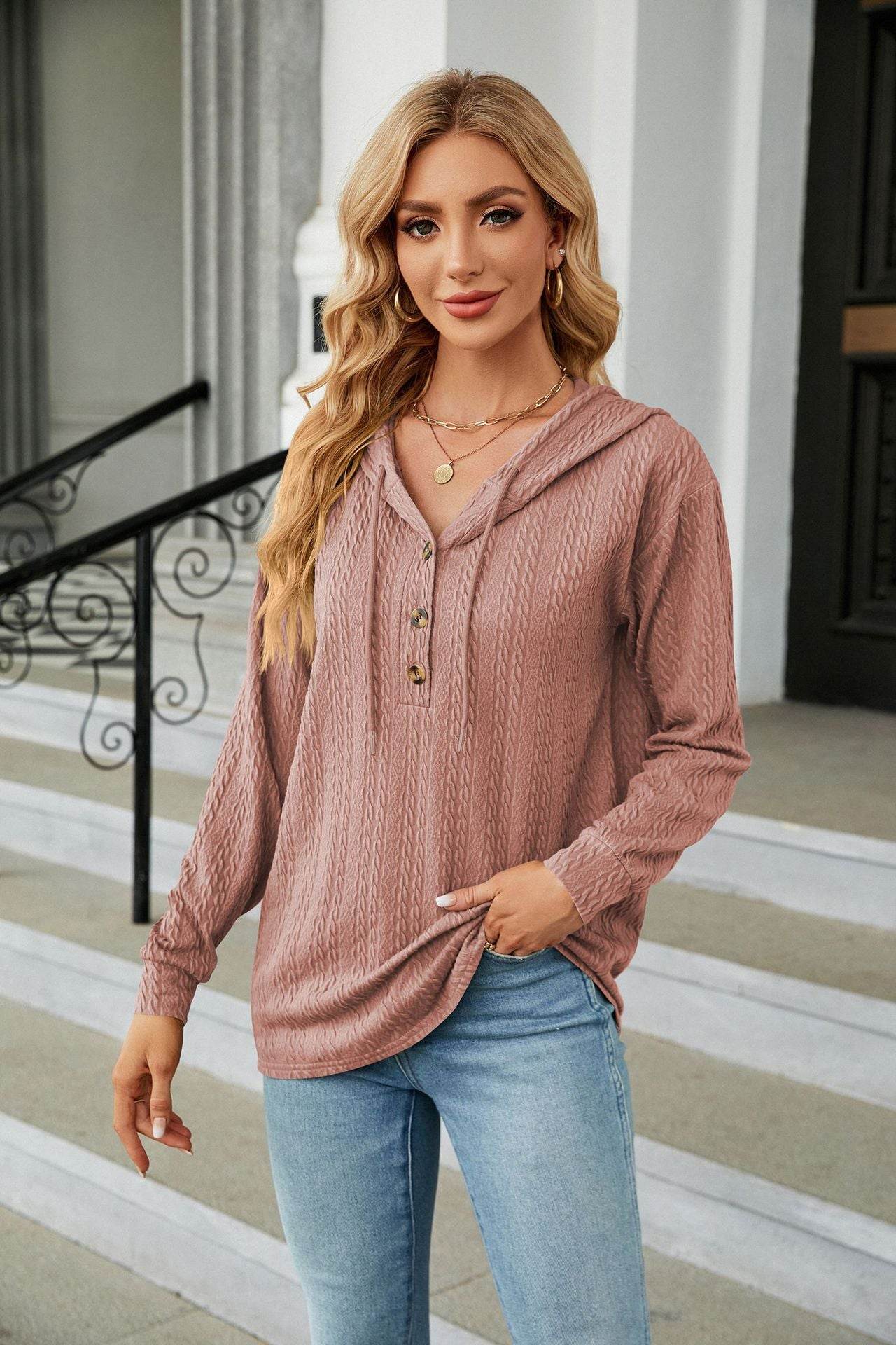 Button Hooded Sweatshirt Loose Long Sleeve Casual Tops