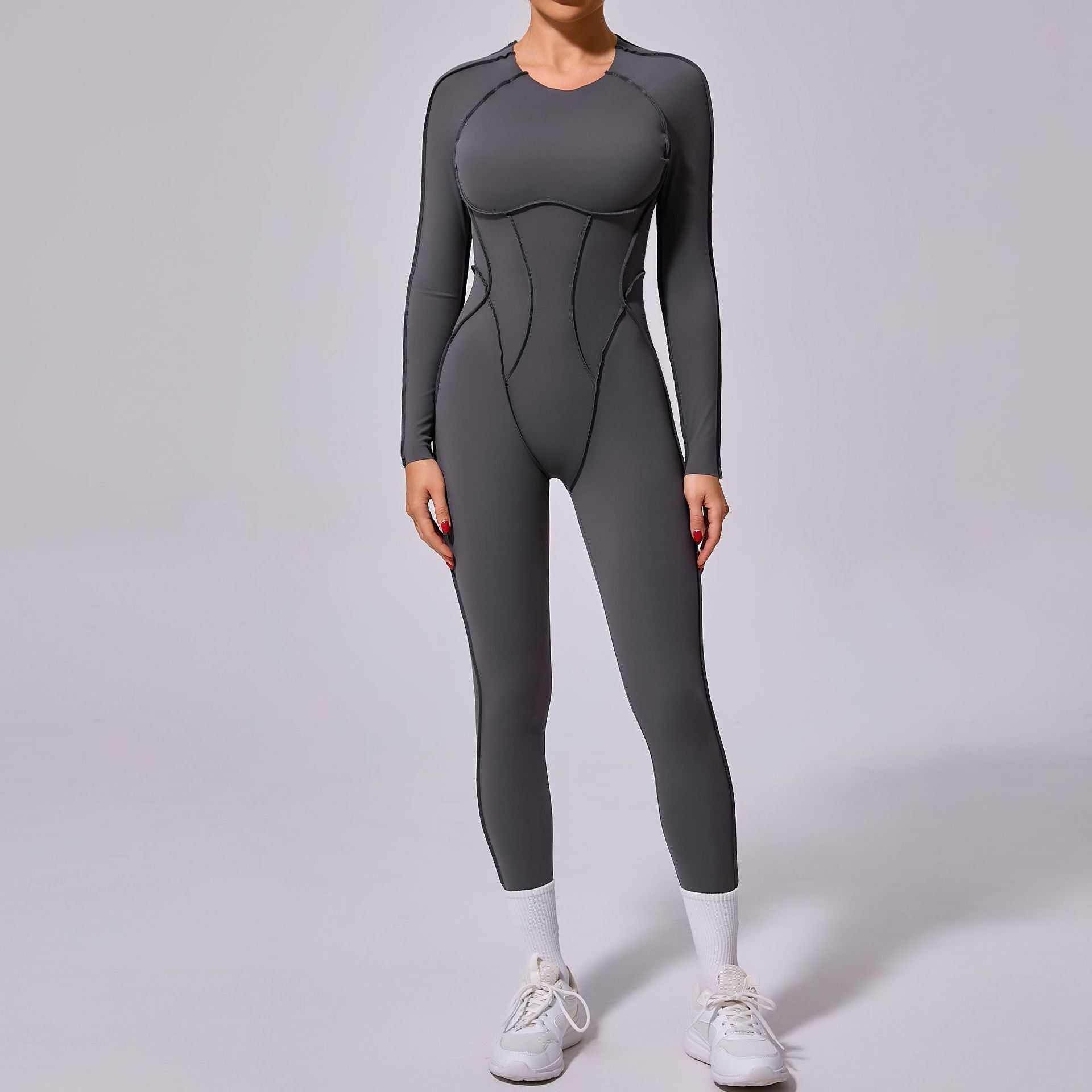 Long Sleeve Backless Yoga Jumpsuits - Charcoal Gray