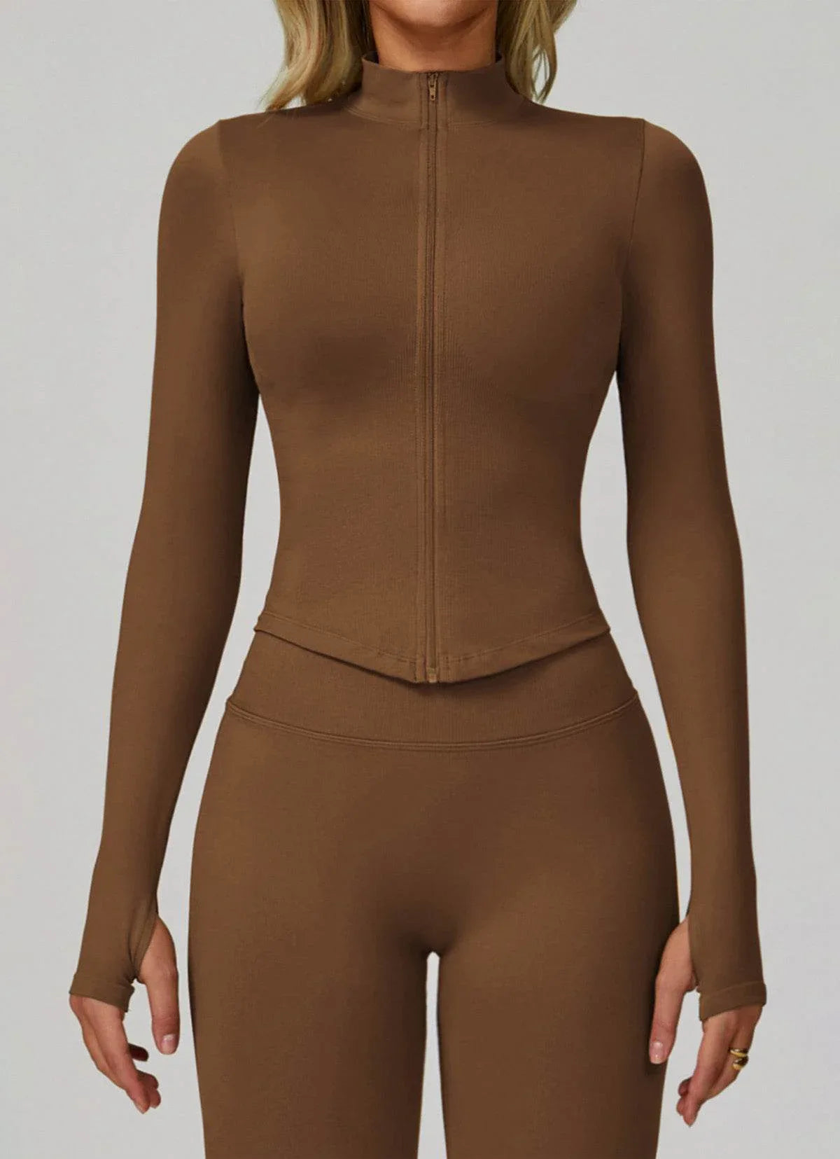 Full Zip Cropped Workout Jacket with Thumb Holes - Dark Brown