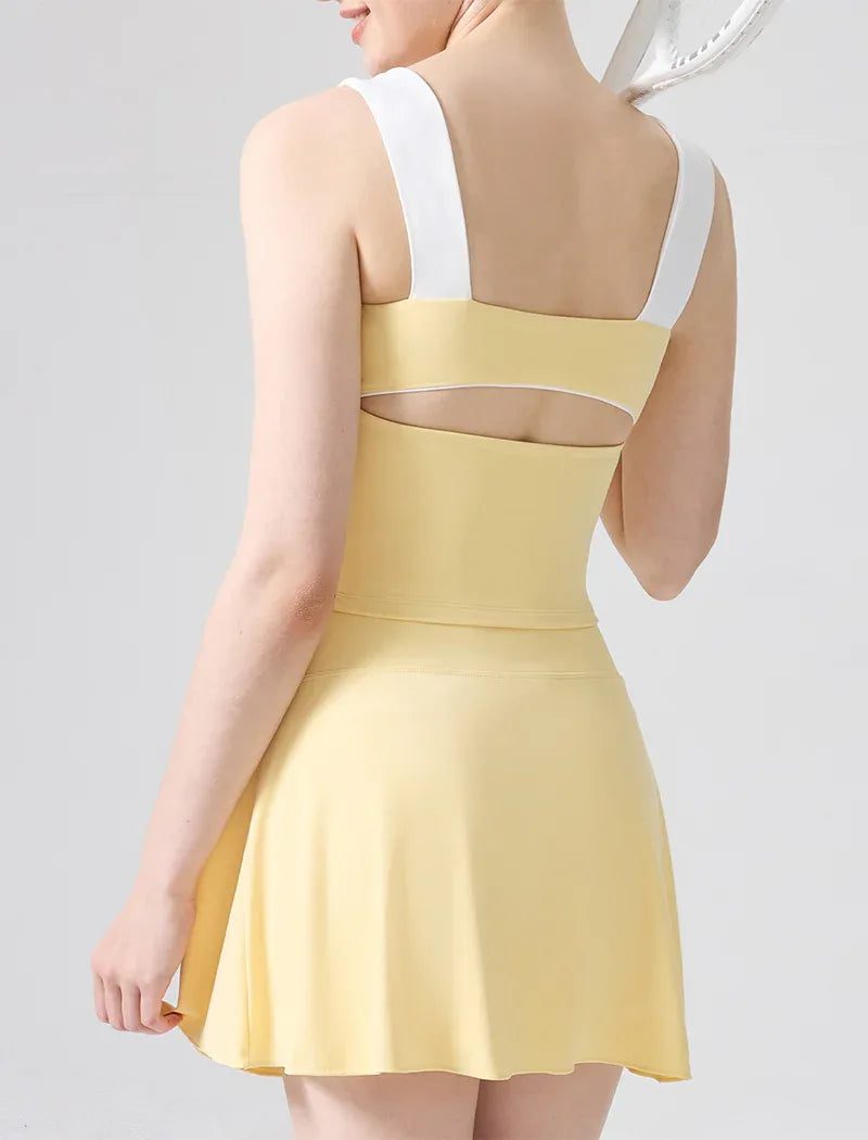 Color Blocked Tennis Sets with Open Back Tank Top and Skirt -