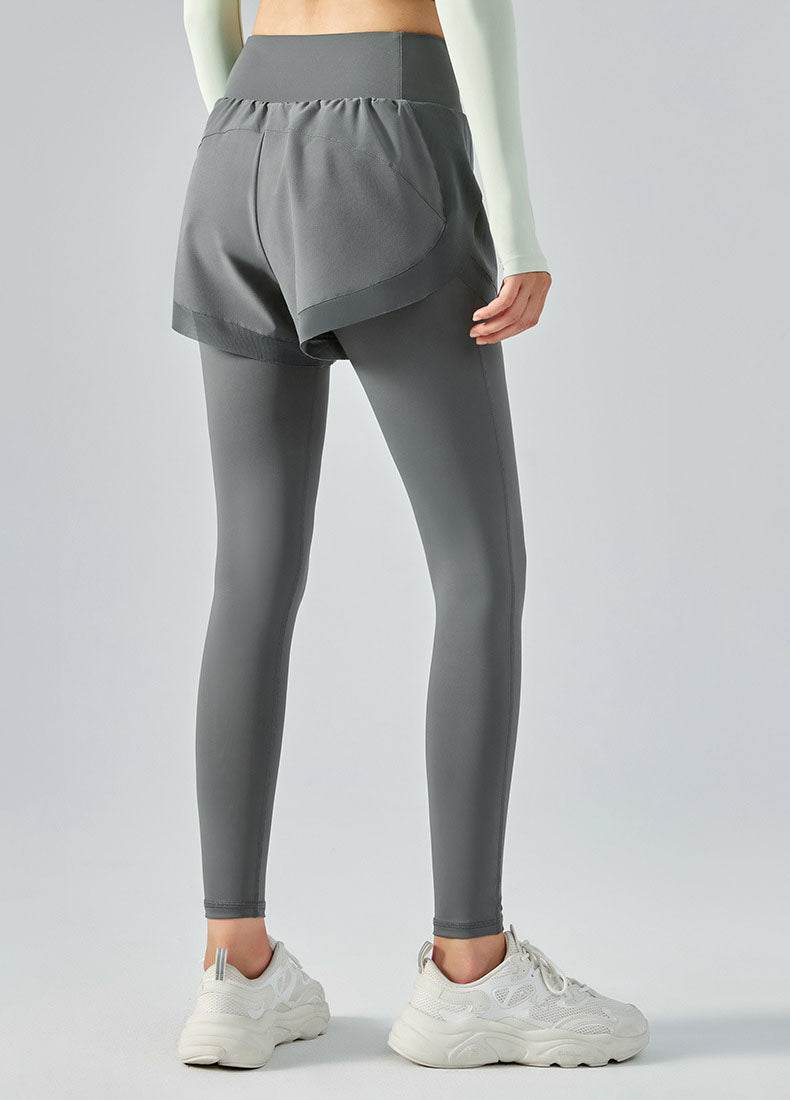 False Two Pieces Sports Leggings with Pockets Shorts