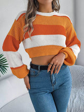 Colorblock Lantern Sleeve Crop Pullover Sweater