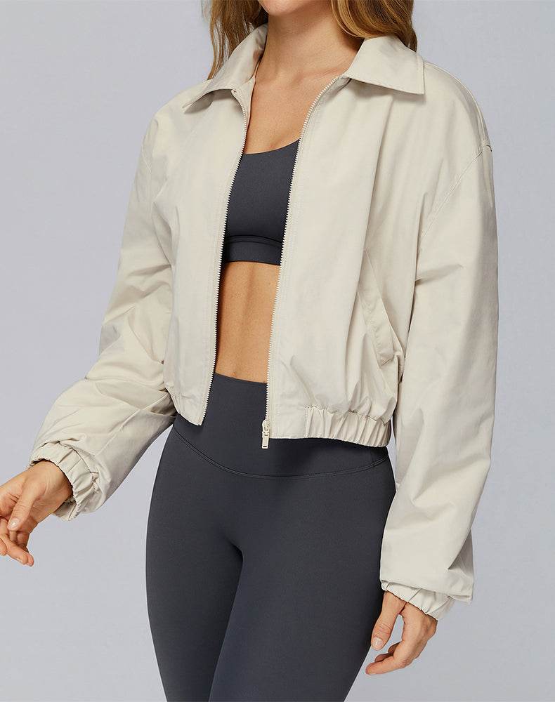 Stand Collar Casual Jacket Long Sleeve Tight Hem Crop Tops -