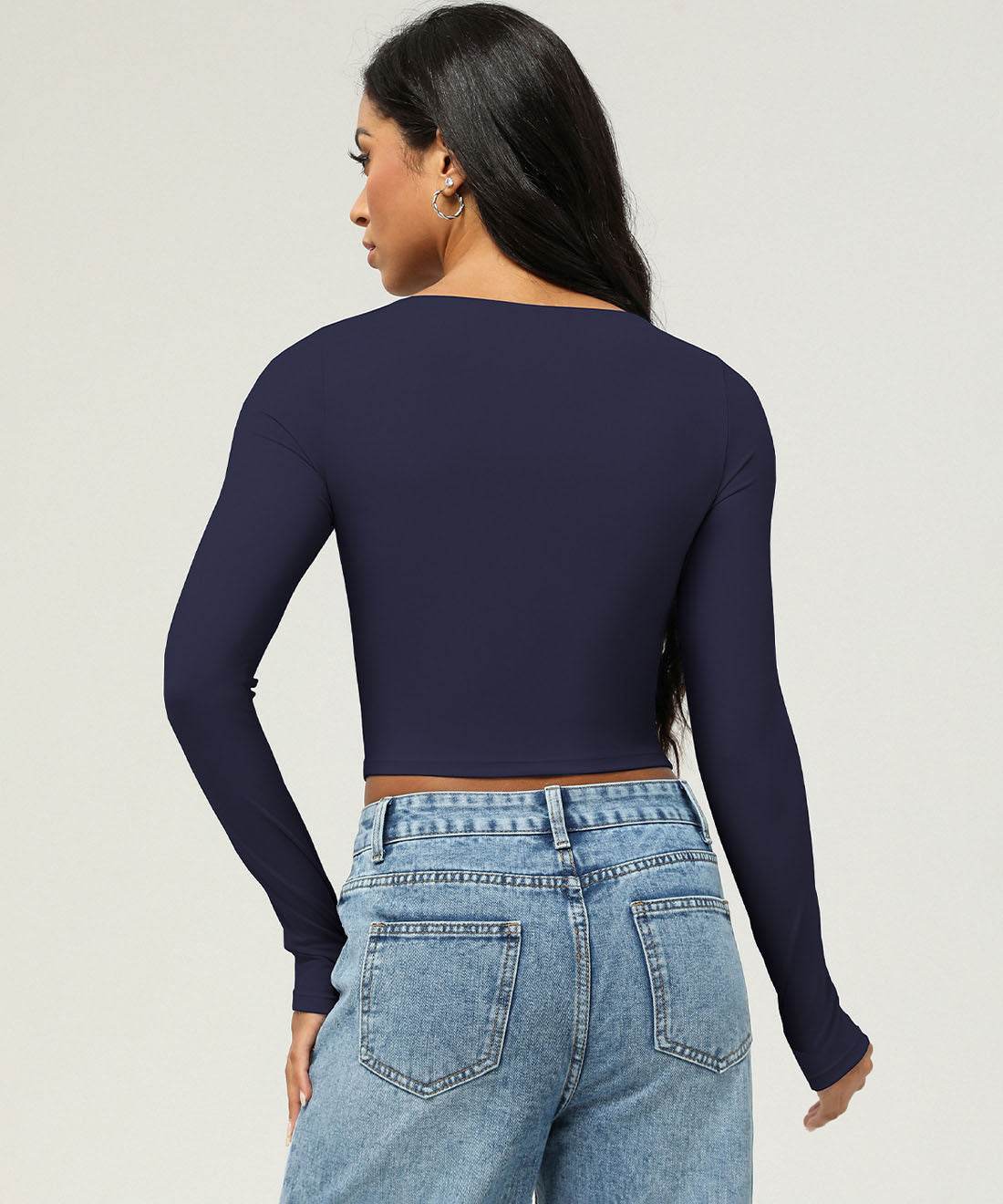 Square Neck Long Sleeve Slim Fitted Crop T-Shirt