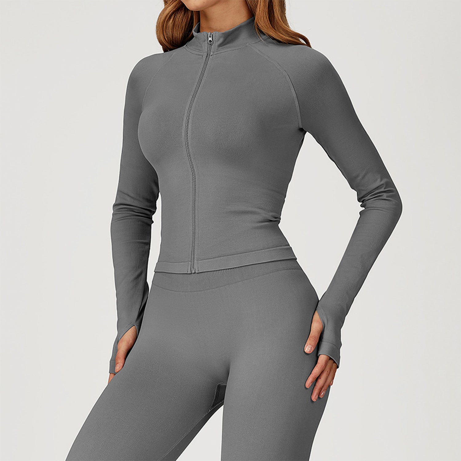 Zip Up Slim Athletic Jacket Yoga Crop Top with Thumb Hole