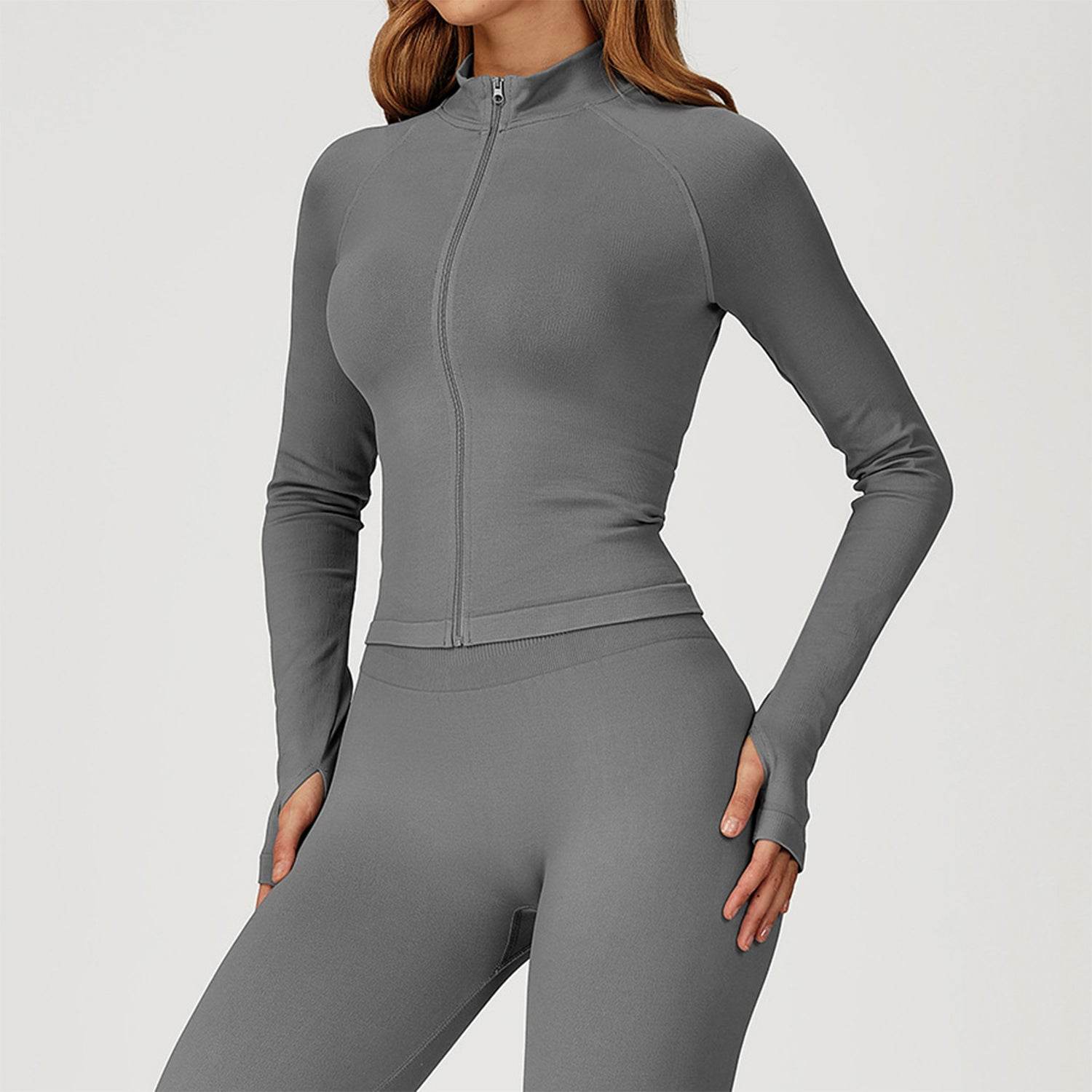 Zip Up Slim Athletic Jacket Yoga Crop Top with Thumb Hole