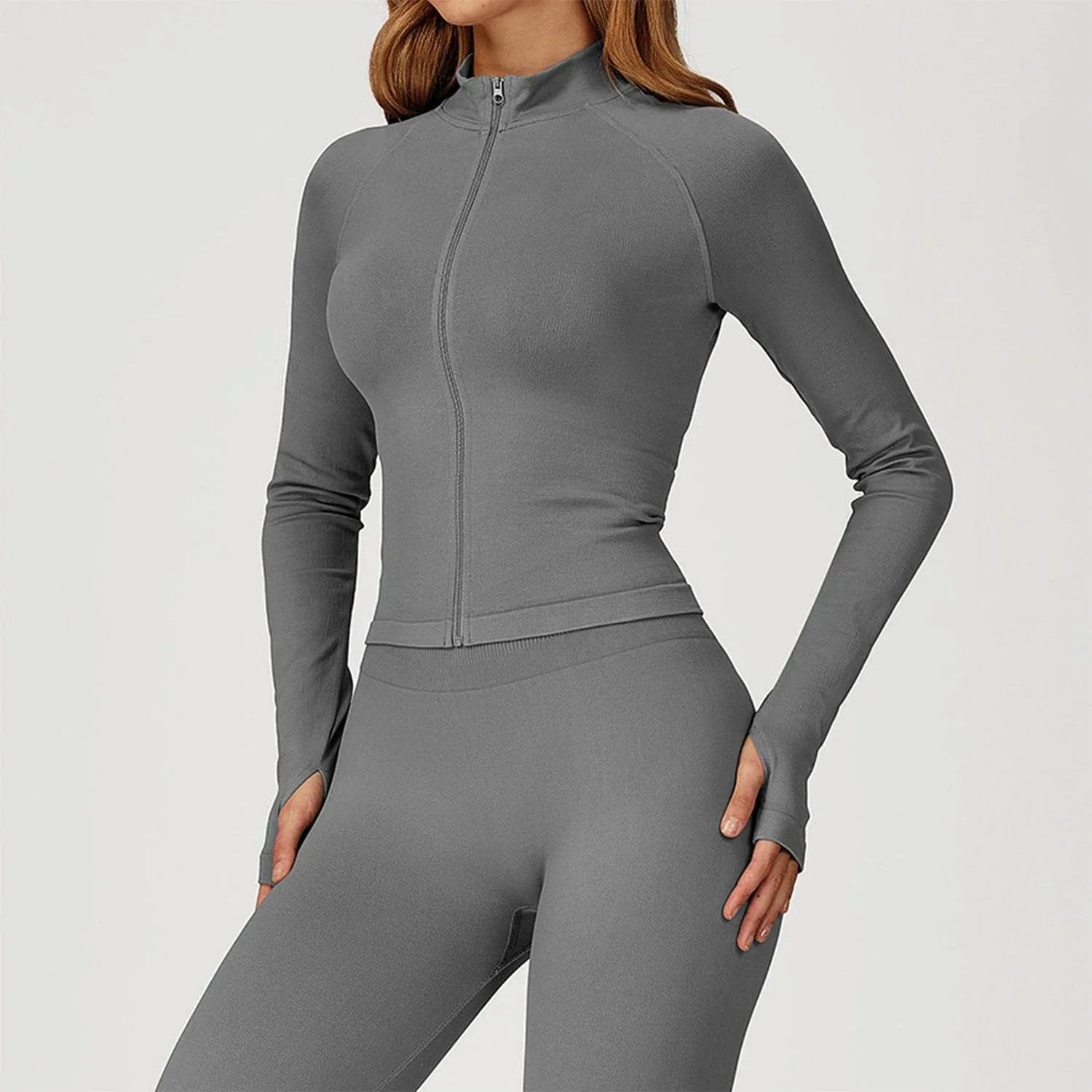 Zip Up Slim Athletic Jacket Yoga Crop Top with Thumb Hole -