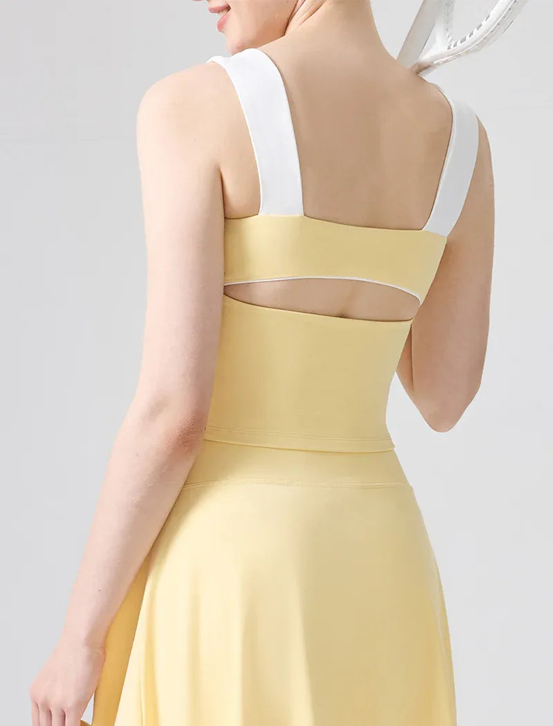 Color Blocked Tank Top Open Back Shirt with Built-in Bra Pad -