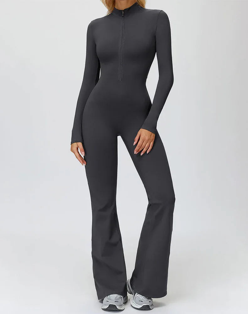 Long Sleeve Flare Workout Jumpsuit Zip Up Wide Leg Bodysuit -
