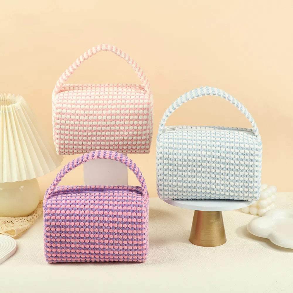 Plaid Two-tone Pillow Cosmetics Bag with Handle