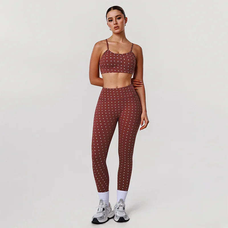 Silver Polka Dot Activewear Sets with Sports Bra and Legging - Red