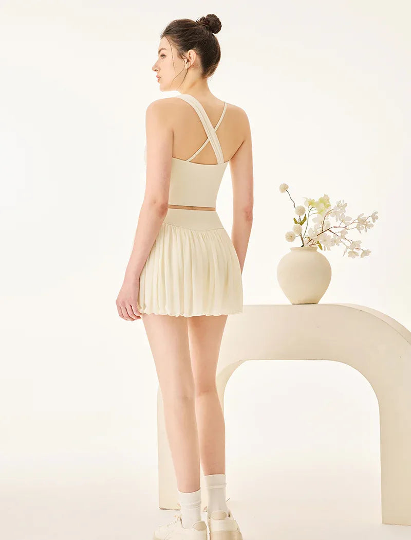 Mesh Tennis Set with Asymmetrical Strap Tank Top and Skirt -