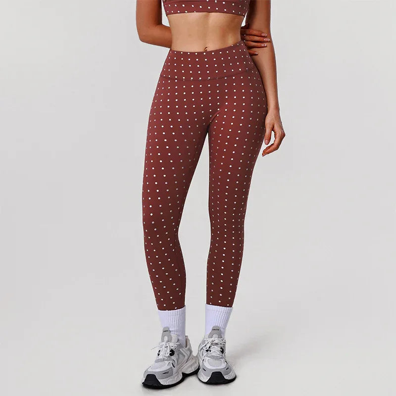 Silver Polka Dot Yoga Leggings High Waisted Workout Pants - Red