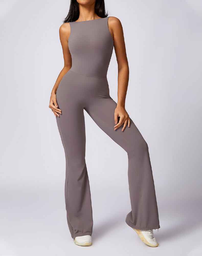 Backless Yoga Flare Jumpsuit Sleeveless Workout Romper