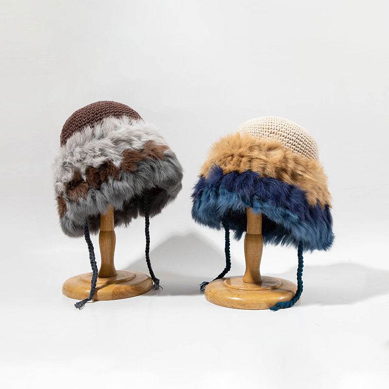 Winter Knitted Fur Beanies Hat Patchwork Warm Plush Cap
