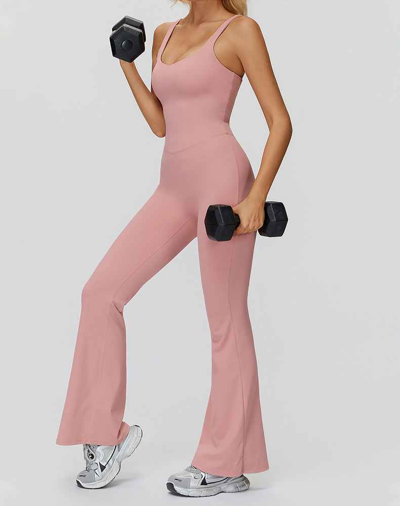 Cross Back One Piece Jumpsuit Yoga Flare Leg Rompers
