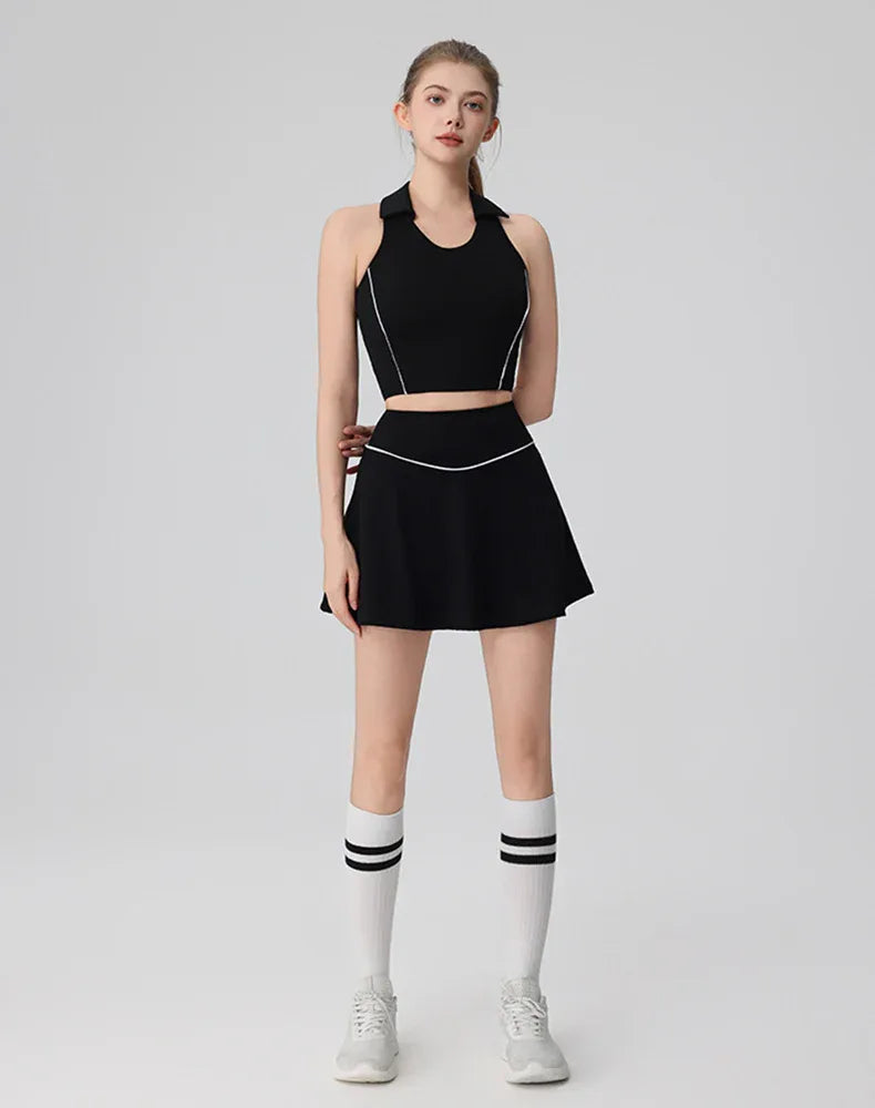 Tennis Sets with Polo Collared Crop Tank Top and Golf Skirt -