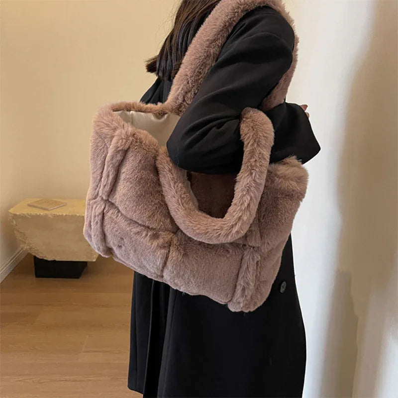 Winter Soft Plush Shoulder Handbag Bag Large Fluffy Tote Bag -