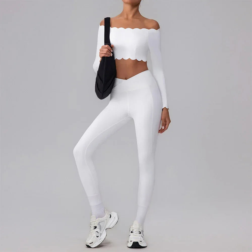 Activewear Sets with Off Shoulder Crop Tops and Leggings -