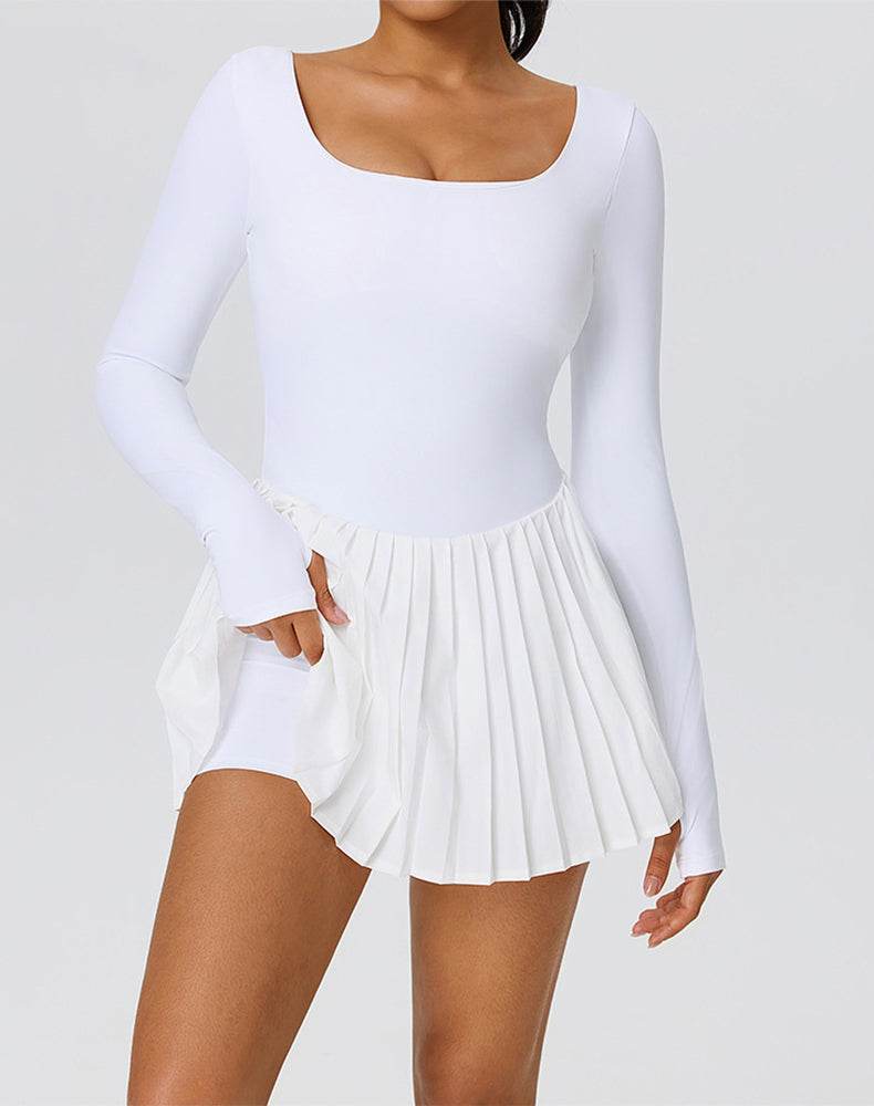 Long Sleeve Pleated Tennis Dress with Short and Pocket -