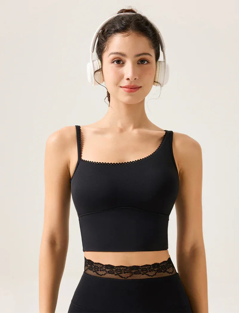 Lace Trim Tank Tops Asymmetrical Shoulder Straps Camisole - Black