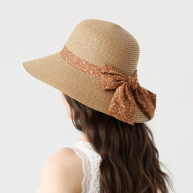 Summer Beach Sun Protection Straw Hat with Floral Bowknot