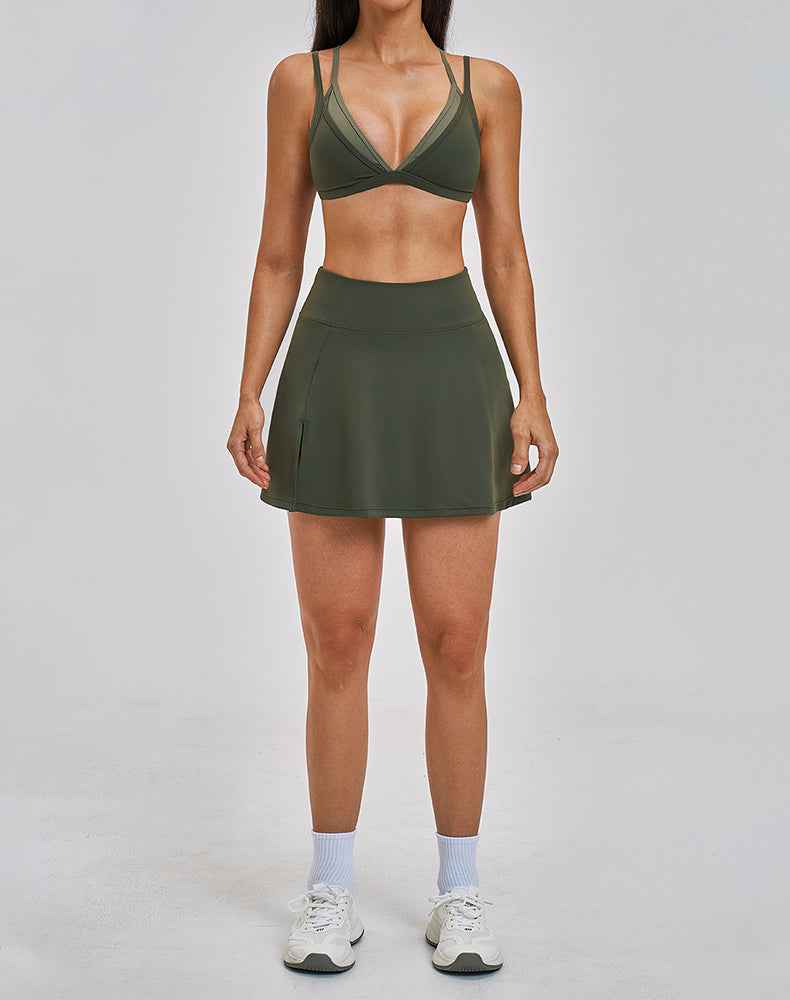 Tennis Sets with Fake Two Piece Sports Bra and Mini Skirt