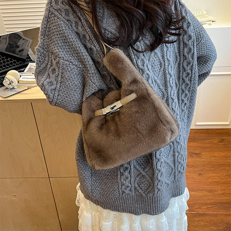 Fuzzy Shoulder Handbag Fluffy Plush Bucket Crossbody Bag