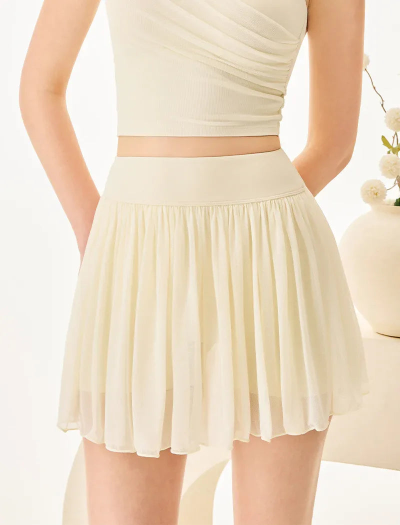 Mesh Sheer Pleated Skirt Tulle Skirt with Short and Pocket